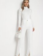by swan Pantaloni Albi Largi cu Talie Înaltă și Vâscoză Decorați la Tiv cu Fante Xolea