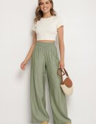 by swan Pantaloni Verzi Palazzo cu Croială Largă cu Elastic în Talie și Talie Înaltă Jenanetia