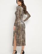 by swan Rochie ajustată din velur bej cu viscoză cu imprimeu leopard cu șlițuri și jupon Kyradi