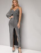 by swan Rochie Argintie Strălucitoare Asimetrică Maxi cu Slit și Decolteu petrecut Aknasa