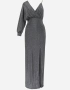 by swan Rochie Argintie Strălucitoare Asimetrică Maxi cu Slit și Decolteu petrecut Aknasa