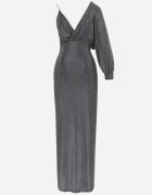by swan Rochie Argintie Strălucitoare Asimetrică Maxi cu Slit și Decolteu petrecut Aknasa