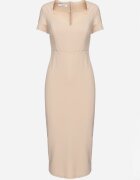 by swan Rochie Bej Cintrata Cocktail cu Vâscoză și Șliț la Spate Castorea