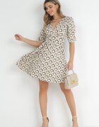 by swan Rochie bej evazată cu mâneci bufante cu model geometric Avory