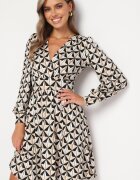 by swan Rochie Bej și Neagră Mini cu Model Geometric cu Elastic în Talie Viotta