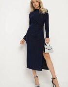 by swan Rochie Bleumarin Cambrată din Viscoză Ornată cu Drapaj și Fentă Laterală Lilindra