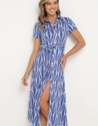by swan Rochie Cămașă Albastră cu Imprimeu Geometric încheiată cu nasturi cu Centură din Material Thilea