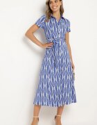 by swan Rochie Cămașă Albastră cu Imprimeu Geometric încheiată cu nasturi cu Centură din Material Thilea