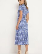 by swan Rochie Cămașă Albastră cu Imprimeu Geometric încheiată cu nasturi cu Centură din Material Thilea