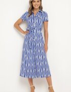 by swan Rochie Cămașă Albastră cu Imprimeu Geometric încheiată cu nasturi cu Centură din Material Thilea
