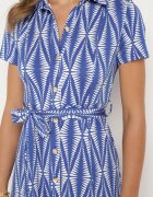 by swan Rochie Cămașă Albastră cu Imprimeu Geometric încheiată cu nasturi cu Centură din Material Thilea