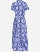 by swan Rochie Cămașă Albastră cu Imprimeu Geometric încheiată cu nasturi cu Centură din Material Thilea