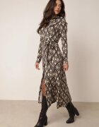 by swan Rochie cămașă Negru-Bej din viscoză cu model ornamental și cordon legat Evathria