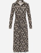 by swan Rochie cămașă Negru-Bej din viscoză cu model ornamental și cordon legat Evathria