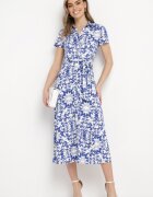 by swan Rochie Midi tip cămașă Alb-Bleumarin cu Cordon în Talie cu Imprimeu Ornamental Fiamea