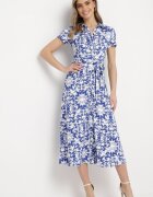 by swan Rochie Midi tip cămașă Alb-Bleumarin cu Cordon în Talie cu Imprimeu Ornamental Fiamea