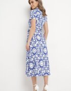 by swan Rochie Midi tip cămașă Alb-Bleumarin cu Cordon în Talie cu Imprimeu Ornamental Fiamea