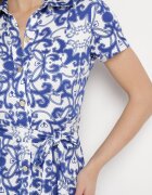 by swan Rochie Midi tip cămașă Alb-Bleumarin cu Cordon în Talie cu Imprimeu Ornamental Fiamea