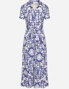 by swan Rochie Midi tip cămașă Alb-Bleumarin cu Cordon în Talie cu Imprimeu Ornamental Fiamea