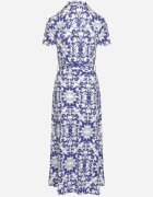 by swan Rochie Midi tip cămașă Alb-Bleumarin cu Cordon în Talie cu Imprimeu Ornamental Fiamea