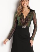 by swan Rochie Mini Negru-Verde cu paiete cu parte superioară tip cămașă și curea cu cataramă Fiorena