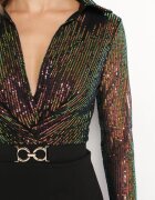 by swan Rochie Mini Negru-Verde cu paiete cu parte superioară tip cămașă și curea cu cataramă Fiorena