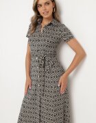 by swan Rochie Neagră Cambrată cu croială tip cămașă Încheiată cu nasturi cu model geometric Parra