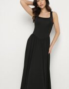 by swan Rochie Neagră din Viscoză cu Croi Evazat cu Decolteu Pătrat Tilvia
