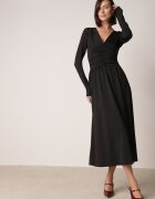 by swan Rochie neagră încrețită cambrată din viscoză cu decolteu în V și mânecă lungă Emirie