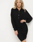by swan Rochie Neagră Mulată din Viscoză cu Partea Superioară tip Cămașă croială Liliac și încrețituri Cedilie