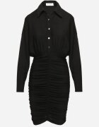 by swan Rochie Neagră Mulată din Viscoză cu Partea Superioară tip Cămașă croială Liliac și încrețituri Cedilie