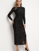by swan Rochie Neagră Mulată din Viscoză Decorată cu Model de Catifea cu Încrețituri și Șliț Polamia