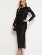 by swan Rochie Neagră Mulată din Viscoză Decorată cu Model de Catifea cu Încrețituri și Șliț Polamia