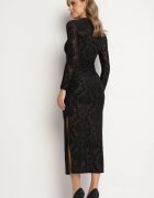 by swan Rochie Neagră Mulată din Viscoză Decorată cu Model de Catifea cu Încrețituri și Șliț Polamia
