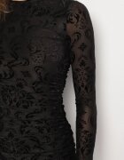 by swan Rochie Neagră Mulată din Viscoză Decorată cu Model de Catifea cu Încrețituri și Șliț Polamia
