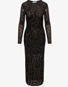 by swan Rochie Neagră Mulată din Viscoză Decorată cu Model de Catifea cu Încrețituri și Șliț Polamia