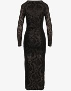 by swan Rochie Neagră Mulată din Viscoză Decorată cu Model de Catifea cu Încrețituri și Șliț Polamia