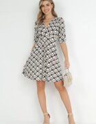 by swan Rochie neagră și bej evazată cu mâneci bufante cu model geometric Avory