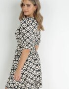 by swan Rochie neagră și bej evazată cu mâneci bufante cu model geometric Avory
