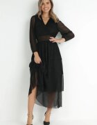 by swan Rochie Neagră Strălucitoare cu Volane și Elastic în Talie Limite