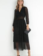 by swan Rochie Neagră Strălucitoare cu Volane și Elastic în Talie Limite