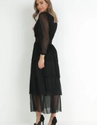 by swan Rochie Neagră Strălucitoare cu Volane și Elastic în Talie Limite