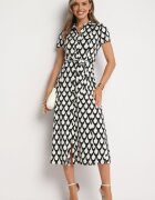 by swan Rochie Negru-Albă tip Cămașă cu Guler și Curea din Material în Talie Vranea