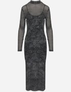by swan Rochie Negru-Gri din plasă cu viscoză cu croială mulată cu fante și jupă Histaria