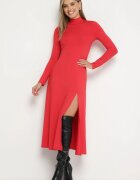 by swan Rochie Roșie cu Guler înalt Cambrată cu Șliț pe Lateral Sailea