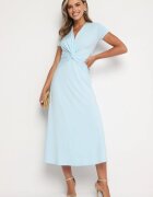 by swan Rochie Taliată Albastră Deschisă cu Nod Decorativ în Talie și Decolteu în V Selvitela