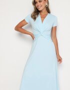 by swan Rochie Taliată Albastră Deschisă cu Nod Decorativ în Talie și Decolteu în V Selvitela