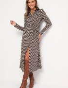 by swan Rochie Tip Cămașă Maro Midi cu Imprimeu Geometric cu Cordon Anelfi