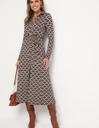 by swan Rochie Tip Cămașă Maro Midi cu Imprimeu Geometric cu Cordon Anelfi