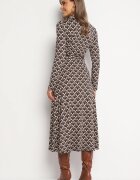 by swan Rochie Tip Cămașă Maro Midi cu Imprimeu Geometric cu Cordon Anelfi